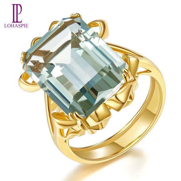 yellow gold plated ring for women 15ct big genuine 18x13mm green amethyst 925 silver sterling silver fine natural real gemstone jewelry gift, Slivery;golden